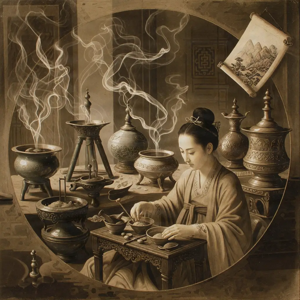 Song to Qing dynasty incense development, elegant forms, traditional Chinese painting style, circular composition.