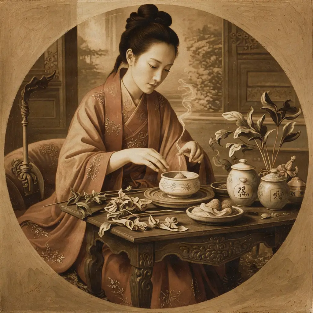 Ancient Chinese aromatic traditions, traditional painting style, circular composition.