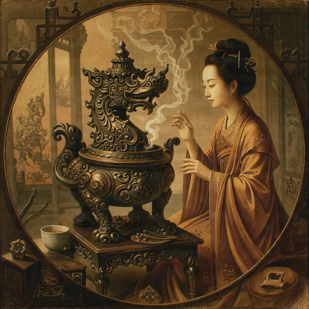 Tang Dynasty incense culture, refined craftsmanship, traditional Chinese painting style, circular composition.
