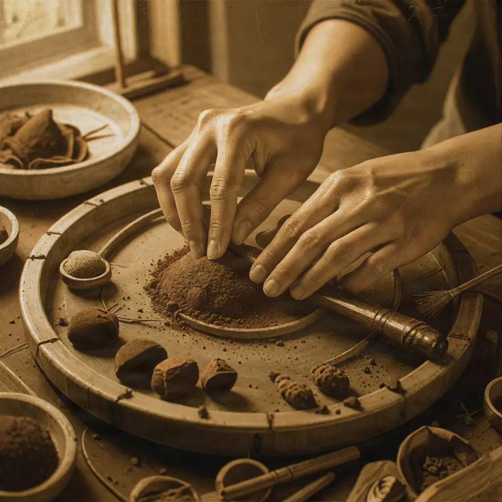 Modern revival of Hexiang craftsmanship, hands preparing incense, warm lighting, circular composition.